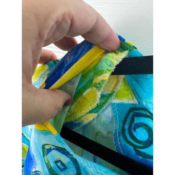 80s WNY Blue Yellow Colorful Short Sleeve Batik Print Dress Size 4/6 Small Rayon - Picture 4 of 7